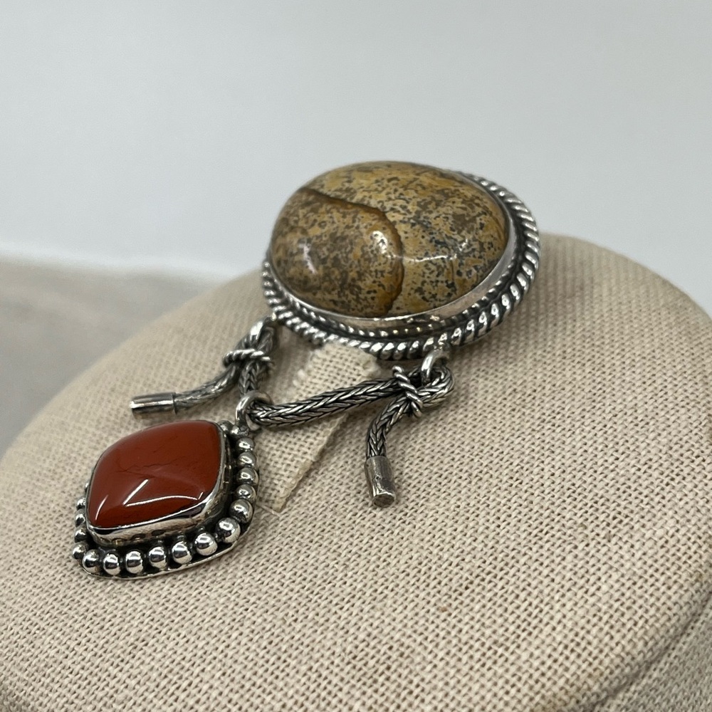Vintage Sterling Silver Brooch Pendant with Red Jasper, Balinese QVC - Picture 5 of 17